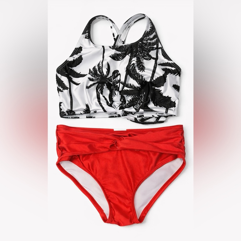 Girls Black & White Palm Print Two Piece Set with Red Bottoms Size 8